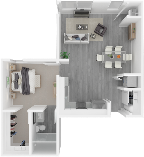 Floor plan for 1 bed, 1 bath, 645 sqft